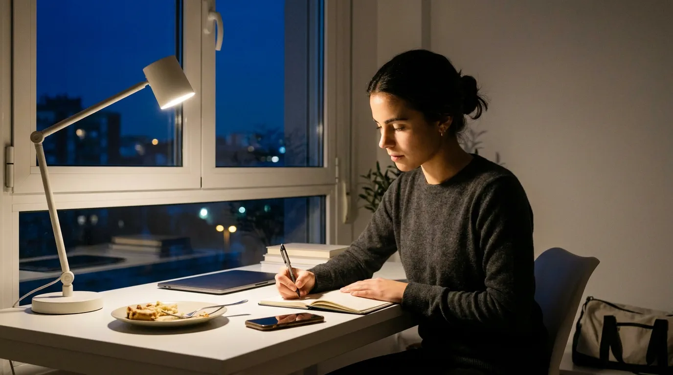 De noche, bajo el flexo: Paula escribe en su cuaderno mientras la cena a medias, el móvil boca abajo y la bolsa de deporte sin estrenar esperan en la misma mesa.